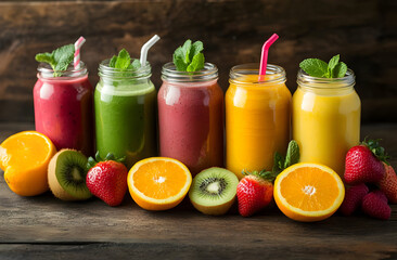 Fototapeta premium Vibrant jars of fresh smoothies with fruits on a rustic wooden table, showcasing healthy and colorful beverage options.