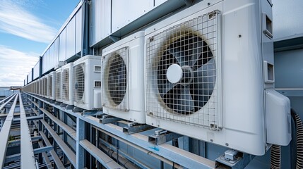 Air conditioning (HVAC) systems installed on the rooftops of industrial buildings