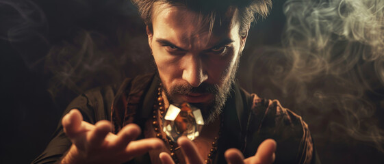 A man with an intense look carefully manipulates a crystal, surrounded by swirling smoke, exuding a sense of mystery and magic.