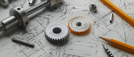 An assortment of gears, bolts, and pencils scattered over technical blueprints, hinting at a detailed and meticulous engineering project.