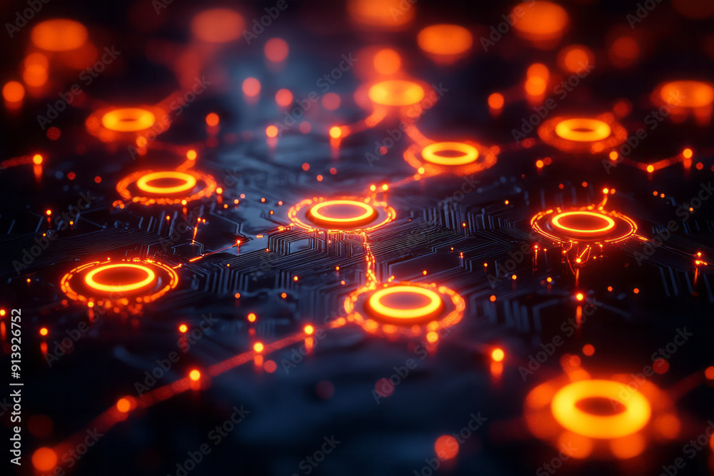 Poster futuristic image of a network map showing secure connections with glowing, protected nodes,