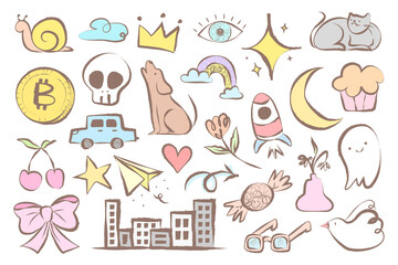 Cute doodle png sticker, pastel cartoon illustrations set on transparent background