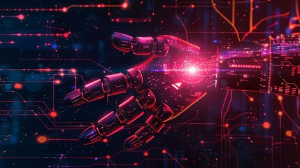A mockup of an artificial intelligence robot hand on a technological background, illustrating the concept of AI-generated technology