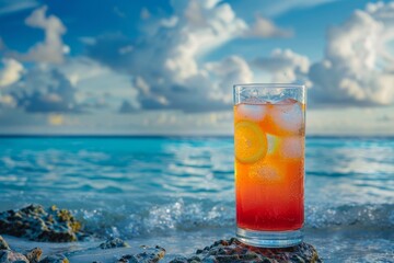 Refreshing cocktail standing on the beach