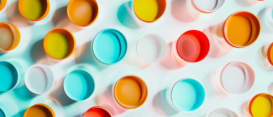 Geometric arrangement of colorful ceramic cups casting soft shadows, creating a visually stimulating pattern of circles and hues.