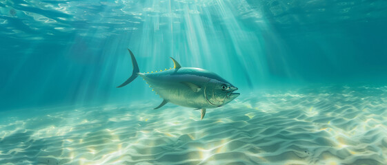 Fototapeta premium A majestic tuna fish swimming gracefully underwater, illuminated by rays of sunlight filtering through the clear blue ocean water.