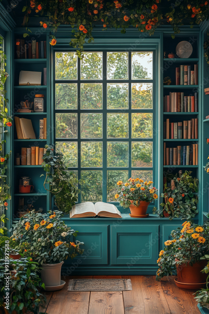 Poster realistic portrayal of a study nook, with an open book and a pot of blooming flowers adding a touch 