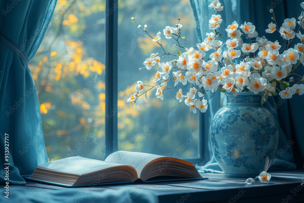 Poster elegant illustration of a study space, with an open book and a vase of delicate flowers creating a s