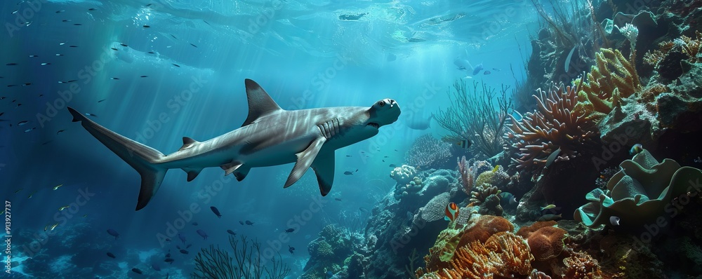 Poster Majestic hammerhead shark patrolling the reef, 4K hyperrealistic photo