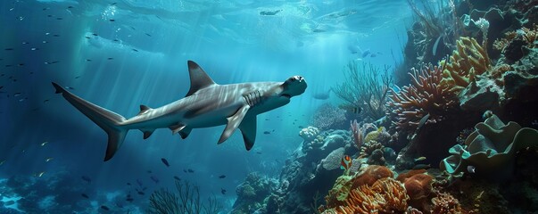 Obraz premium Majestic hammerhead shark patrolling the reef, 4K hyperrealistic photo