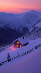 Fototapeta premium Winter cabin in snow with pink and orange sky