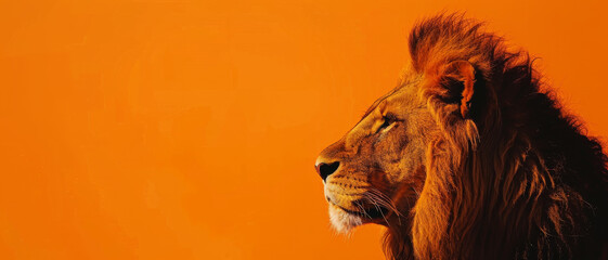 Naklejka premium A majestic lion with a regal mane stands in profile against a vivid orange background, exuding strength and nobility.