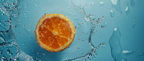 A top-down view of an orange slice making a splash in clear blue water, capturing a lively, refreshing moment.