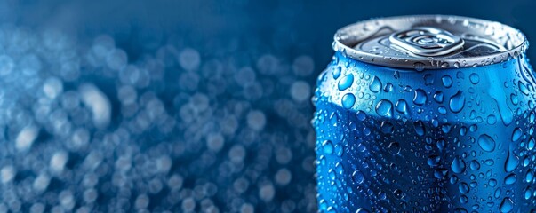 blue aluminum can covered with condensation on a hot summer day