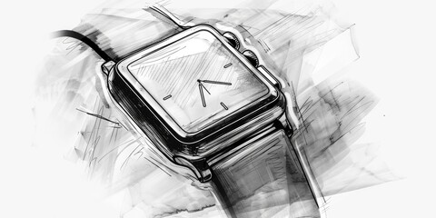 A black and white sketch of a wristwatch.