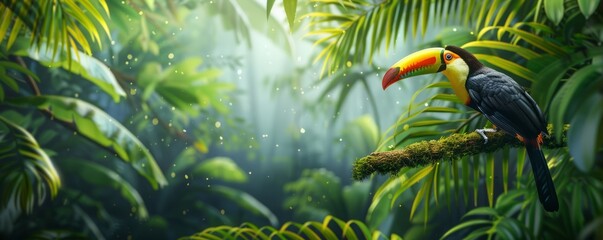 Fototapeta premium Lush rainforest canopy with a vibrant toucan perched on a branch, 4K hyperrealistic photo