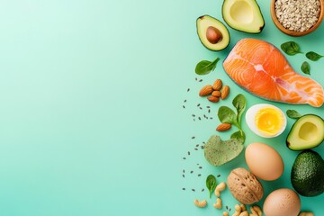 Keto diet concept - salmon, avocado, eggs, nuts and seeds, bright color background, top view, ai
