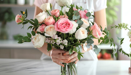 Florist creating beautiful bouquet at white marble table, closeup