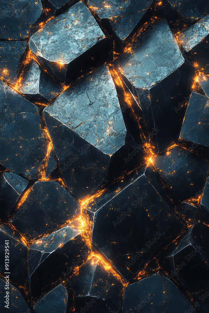 Poster minimalist design with bright 3d triangles forming a mosaic on a plain black background,