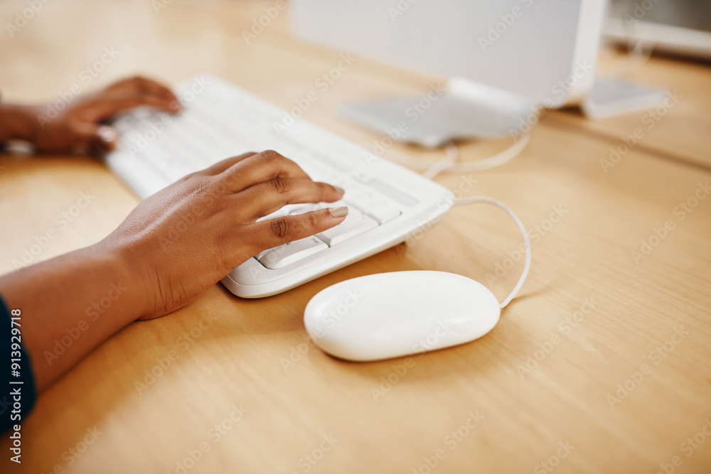 Poster computer, hands and keyboard with business person at desk in office for administration or report. de