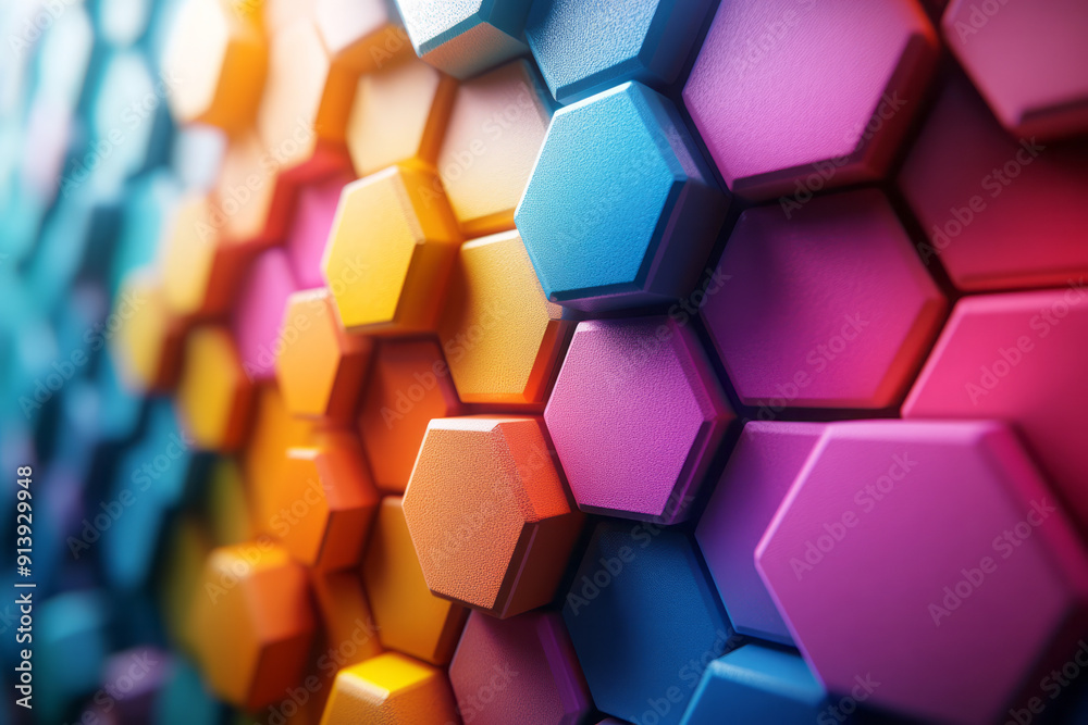 Poster creative depiction of 3d hexagons in bright colors, interlocking on a plain white background,