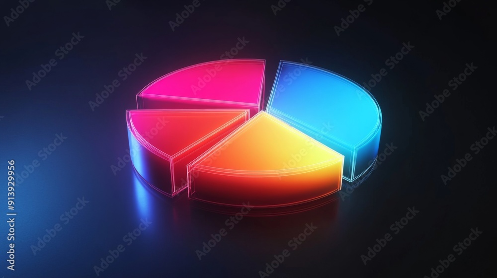 Poster glowing 3d financial pie chart with brightly illuminated segments against a dark background.