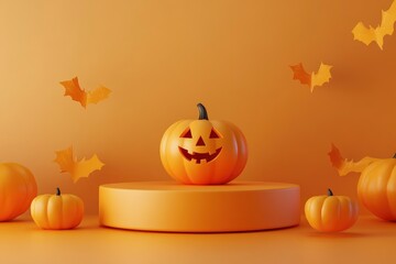 Halloween with pumpkin and empty minimal podium pedestal product display for product placement background 3d illustration with generative ai