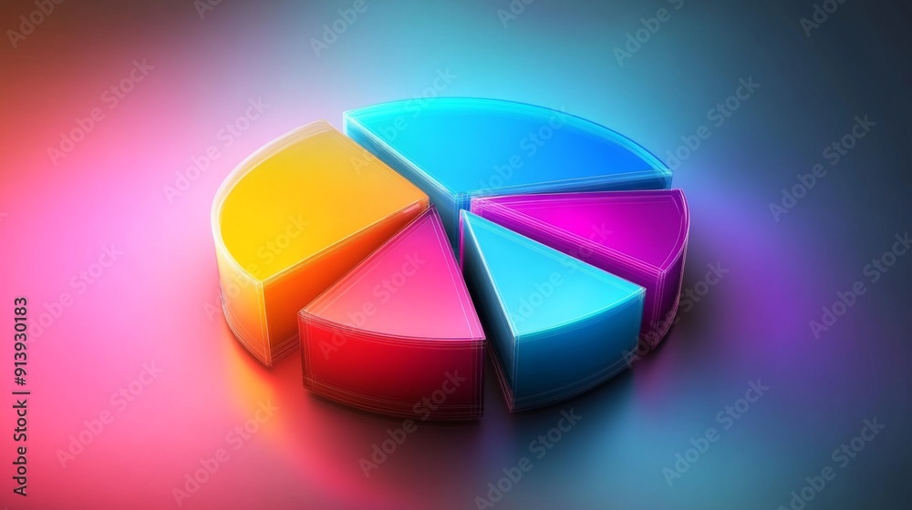 Poster glowing 3d financial pie chart with radiant segments in various vibrant colors.
