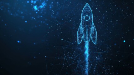 Polygonal wireframe mesh futuristic with rocket. Vector lines, dots and triangle shapes, connection network, digital molecular technology, connection structure