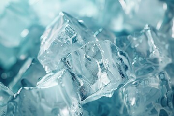 A mesmerizing close-up of crystalline ice cubes, showcasing their transparent and intricate texture. The clarity of the ice reveals its delicate structure.