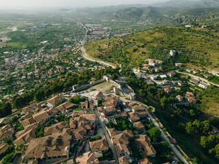BERAT, ALBANIA, April 13, 2024: Berat castle viewed from boulevard Republika in Albania