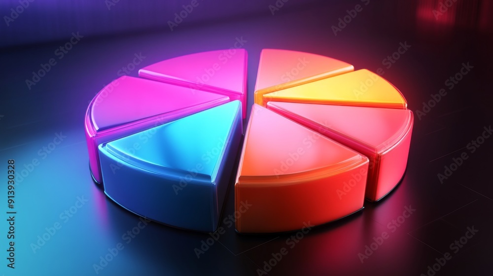 Aufkleber glowing 3d financial pie chart with radiant segments in various vibrant colors.