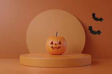 Halloween with pumpkin and empty minimal podium pedestal product display for product placement background 3d illustration with generative ai