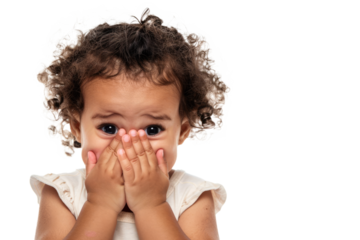 Tearful toddler on a white background, hands covering her face, expressing sadness and despair.
