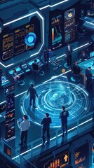 Analysts engage with advanced technology while monitoring global data trends and metrics in a modern control center