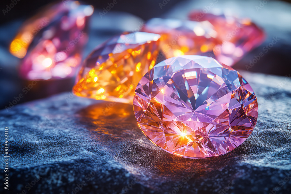 Poster clean and modern composition of 3d diamonds in vibrant colors on a smooth stone background,
