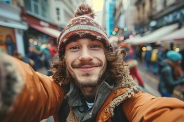 Obraz premium Young tourist taking selfie while visiting city