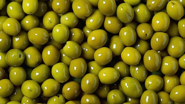 Close-Up View of Green Olives, Featuring Their Smooth Skins, Vibrant Color, and Natural Sheen