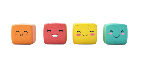 Four large colored cubes, each demonstrating a separate emotion, isolated on a white background.