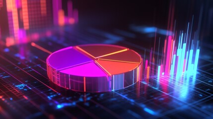 Glowing 3D pie chart segments in a financial illustration with a radiant, high-tech look.
