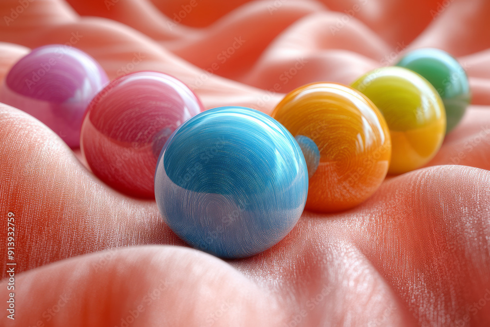 Aufkleber elegant scene of colorful 3d spheres rolling on a smooth fabric surface,