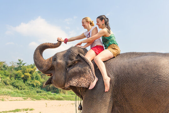 Two young female tourists riding an elephant, Luang Prabang, Laos