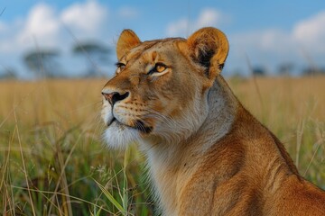 Naklejka premium Close up Portrait of a Lioness in Tall Grass