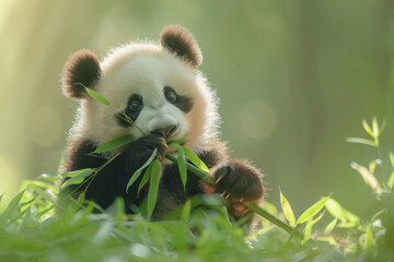 baby panda bear eating bamboo in the rain. Copy space for text