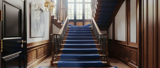 A grand staircase with blue carpet in a luxurious interior, bathed in natural light from tall windows, exuding elegance and grandeur.