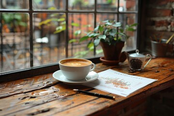 Fototapeta premium Coffee, Pen, and Chart on a Wooden Table by a Window