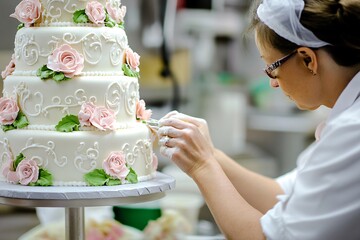 A baker meticulously adds finishing touches to a three-tiered wedding cake adorned with delicate pink roses, showcasing her artistry in a bakery environment