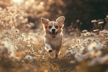 A joyful corgi runs freely through a meadow adorned with daisies, basking in the warm glow of the setting sun