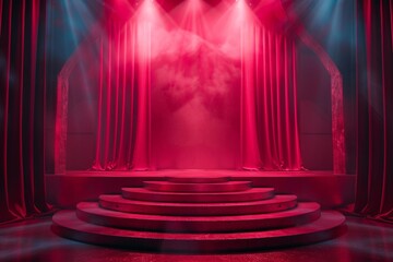 Empty stage illuminated by spotlights with red curtains. Copy space for text