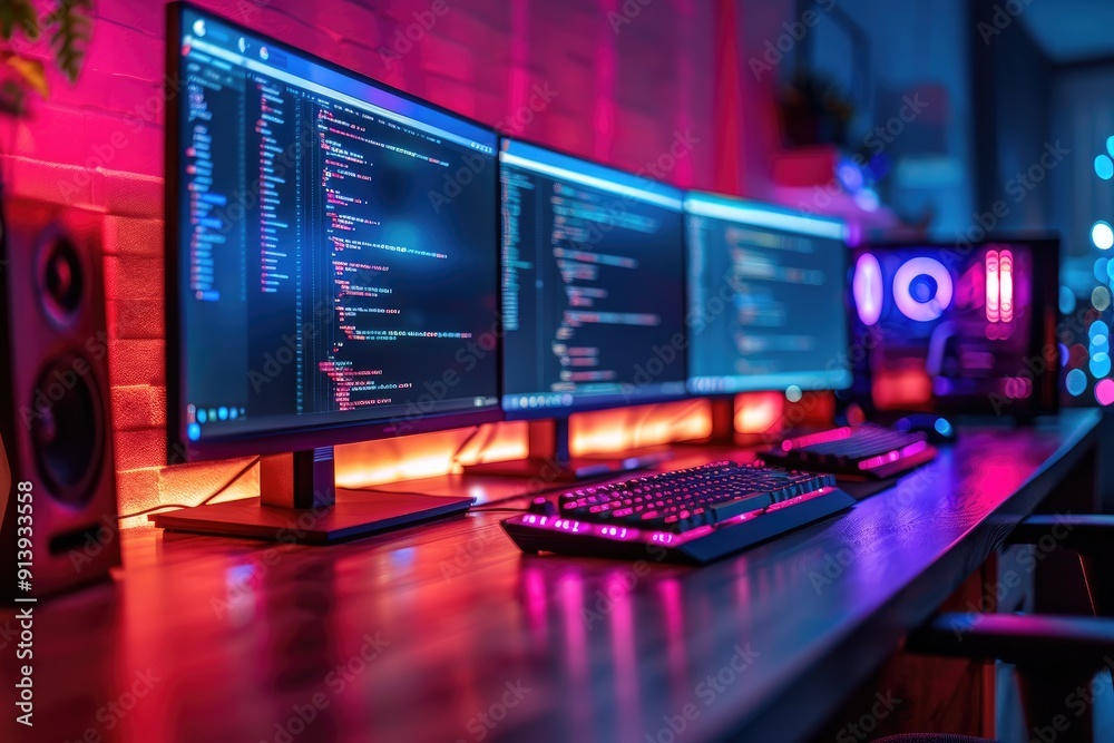 Poster computer desk with multiple monitors displaying code in a dark room with colorful lighting